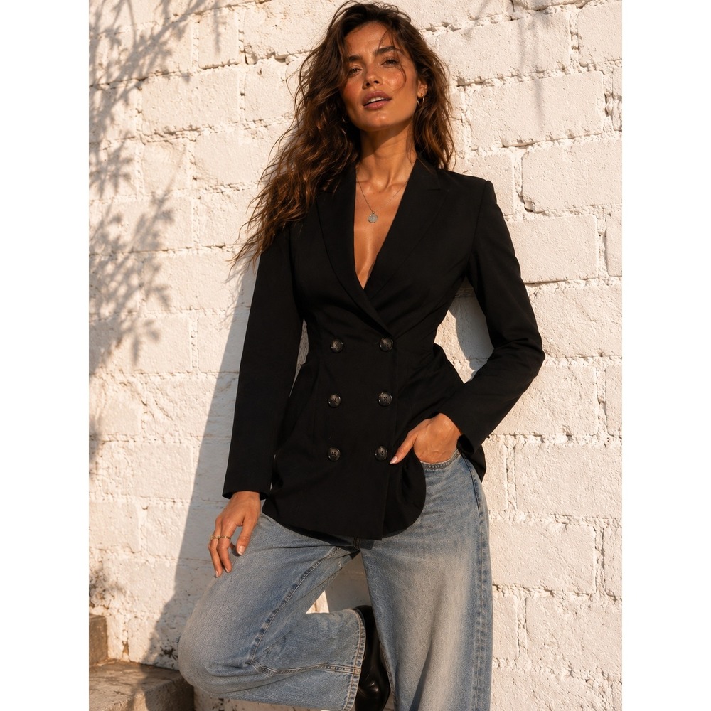 Vintage Elyees Black Twill Double Breasted Blazer Mini Dress 80s 90s Chic S/M